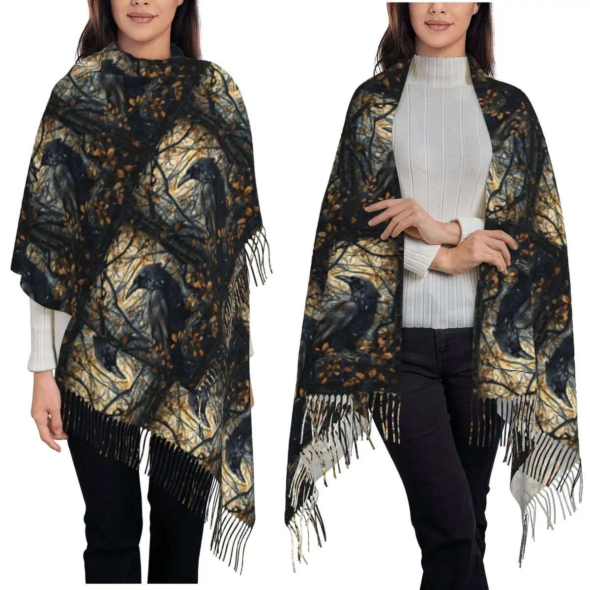 Gothic Raven On Branch Scarf Tassel Scarves Women Soft Warm Shawls and Wraps Large Fall Winter Shawl Wrap