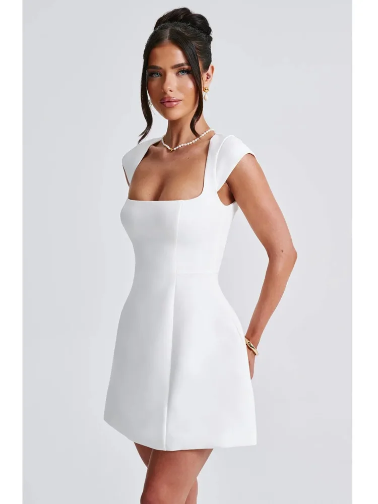 JULISSA MO Sexy Square Collar Women Dress White Spaghetti Strap High Wasit Dress Femme Summer Skinny Elegant Party Clubwear 2024