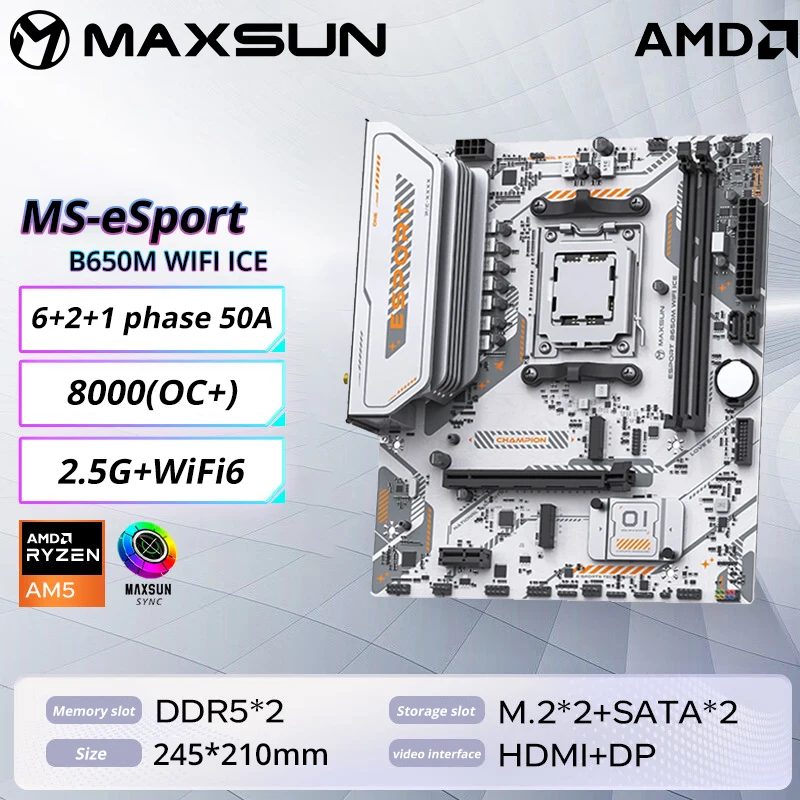 

Материнская плата MAXSUN eSport B650M с поддержкой ICE AMD Ryzen AM5 DDR5 4800/5200/5600-8000 (OC+) Pcie5.0x16 2*Pcie4.0x4 ARGB WIFI6 BT5.2