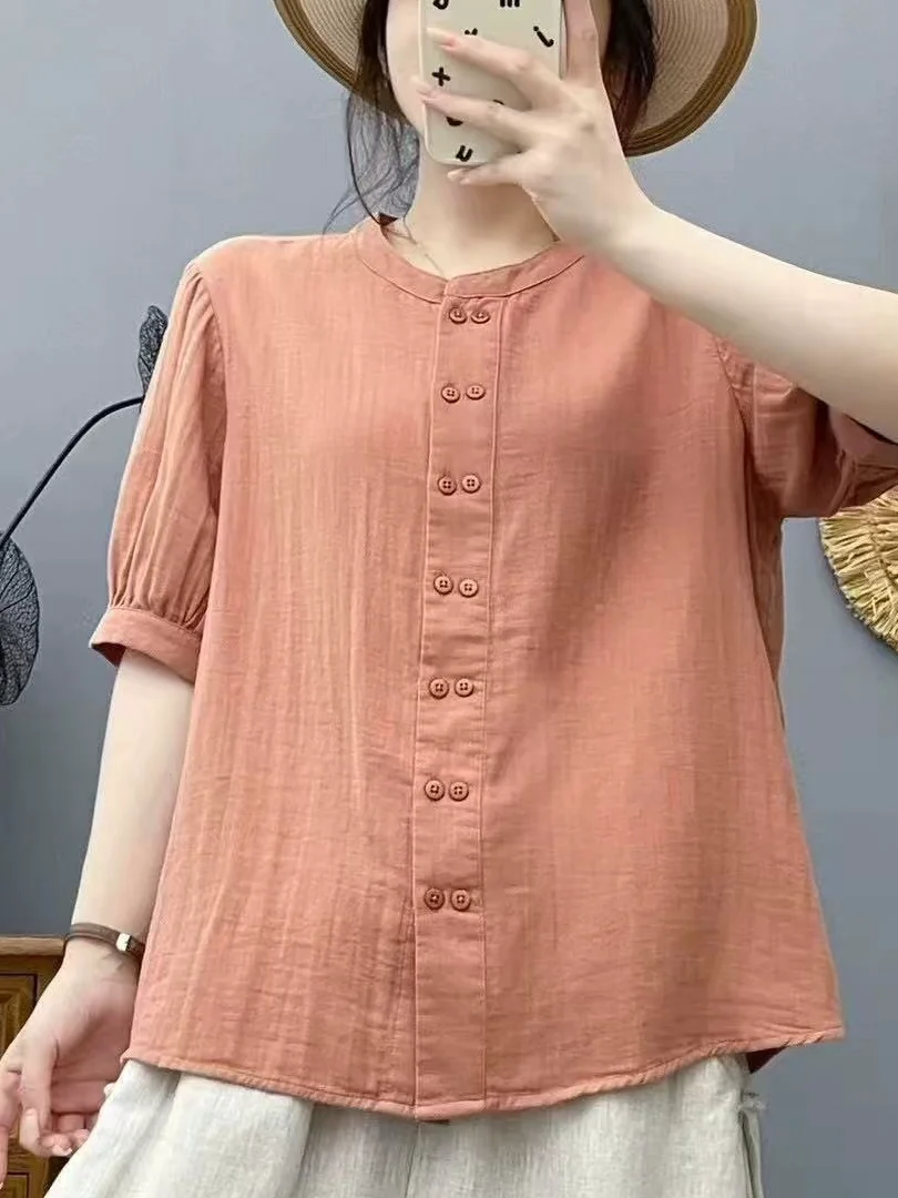 

Summer 2026 Loose Casual Pure Color irt Large Size Women's Double Button Five Sve round Ne Versatile Top for All Body ...