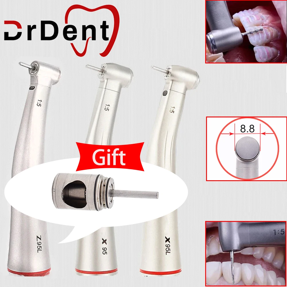 Dental Handpiece Push Button 1:5 X95L Contra Angle Increasing High Speed LED Optic Fiber Inner Water Spray Red Ring Air Turbine