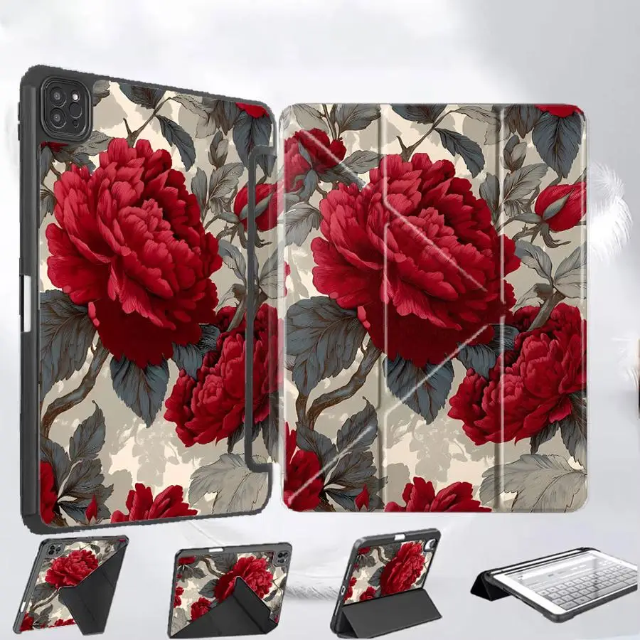 

Tablet Case For iPad Pro 11th 10th 9th 8th 7th 12.9inch Mini 6 7 Air 4 5 M3 M2 M4 11inch Pro 2025 Holder Cover Red Blossom