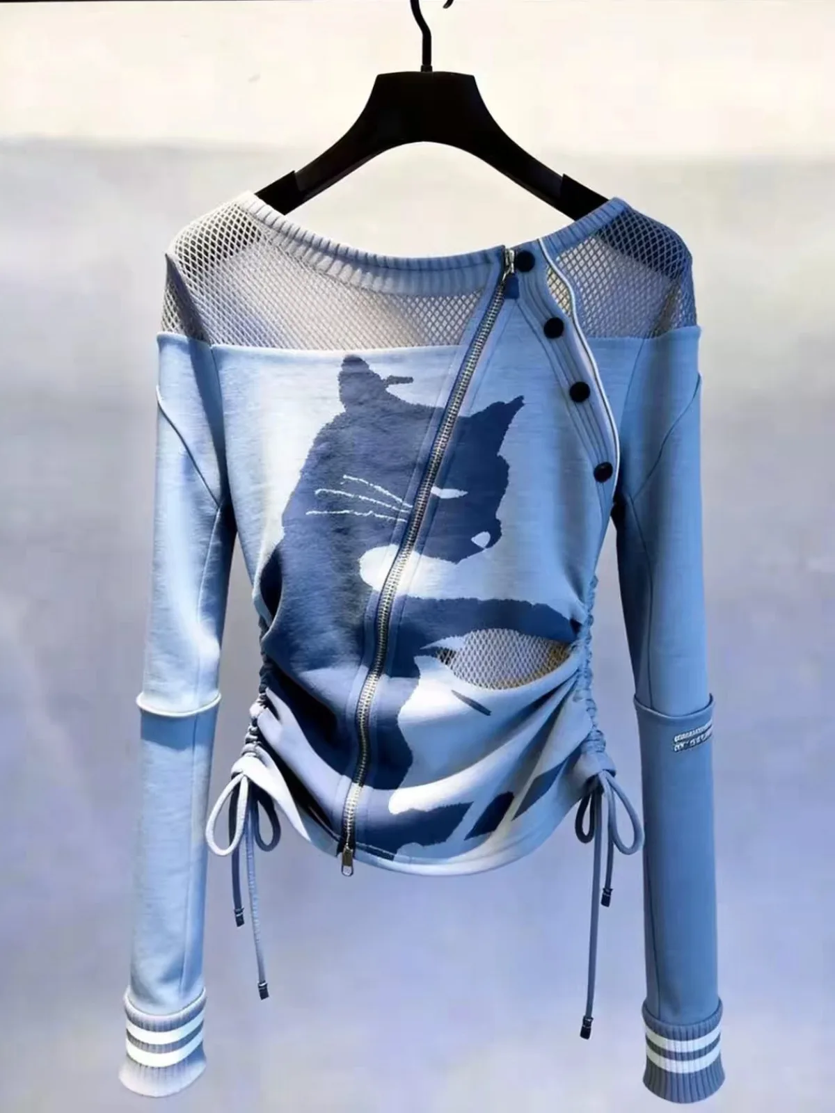 2026 Autumn New Casual Style Blue Zipper Drawstring Women's Long Sleeve Slimming Knitwear Elegant Personality T-shirt