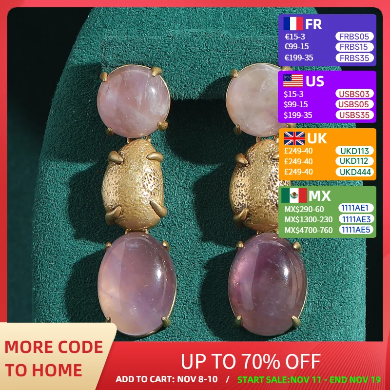 

Vintage Purple Moonstone Drop Earrings Nature Stone Boho Long Oval Woman Designer Antique Gold Color Luxury Jewelry Accessories