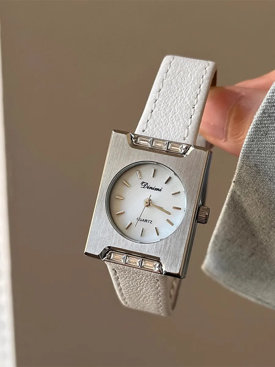 Steel shell white square watch women's niche light luxury retro literary and high-value quartz watch