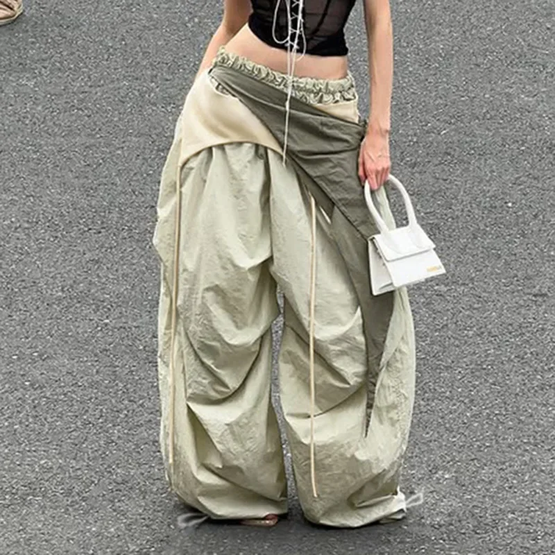 FDEY Vintage Bandage Mid-Waisted Wide Leg Pants Women 2025 Casual Loose Cargo Pants Autumn Spring Fashion Streetwear Ladies