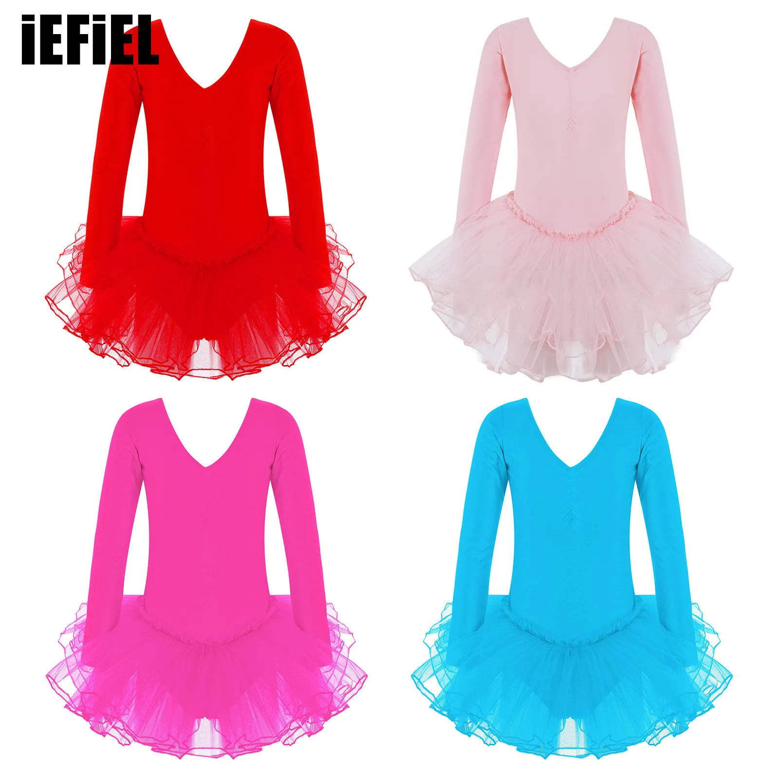 

Kids Girls Ballet Tutu Mesh Dance Dress 2023 Long Sleeve V Neck Slim Fit Gymnastics Leotard Dancewear Stage Performance Costume