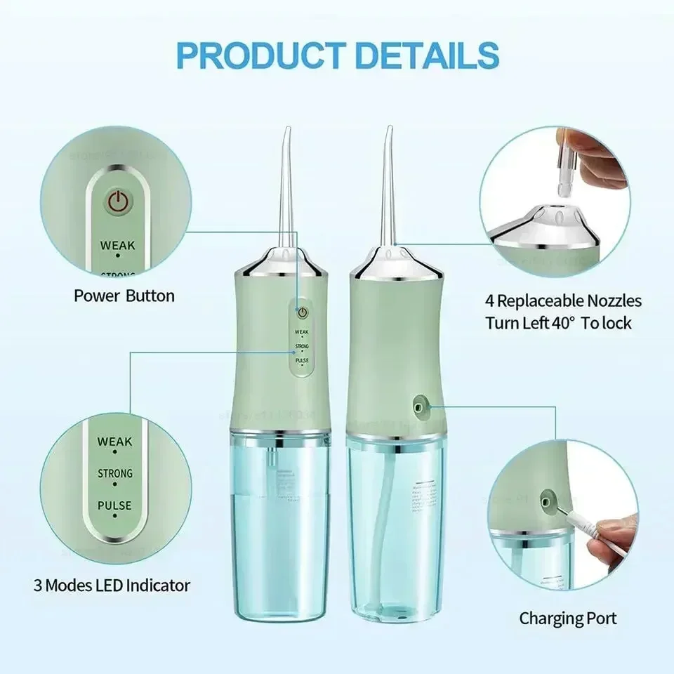 Irrigateur buccal portable, hydropulseur dentaire, aste par USB, jet d'eau, cure-dents, 4 pointes de jet, 220ml, 3 modes, nettoyeur de dents