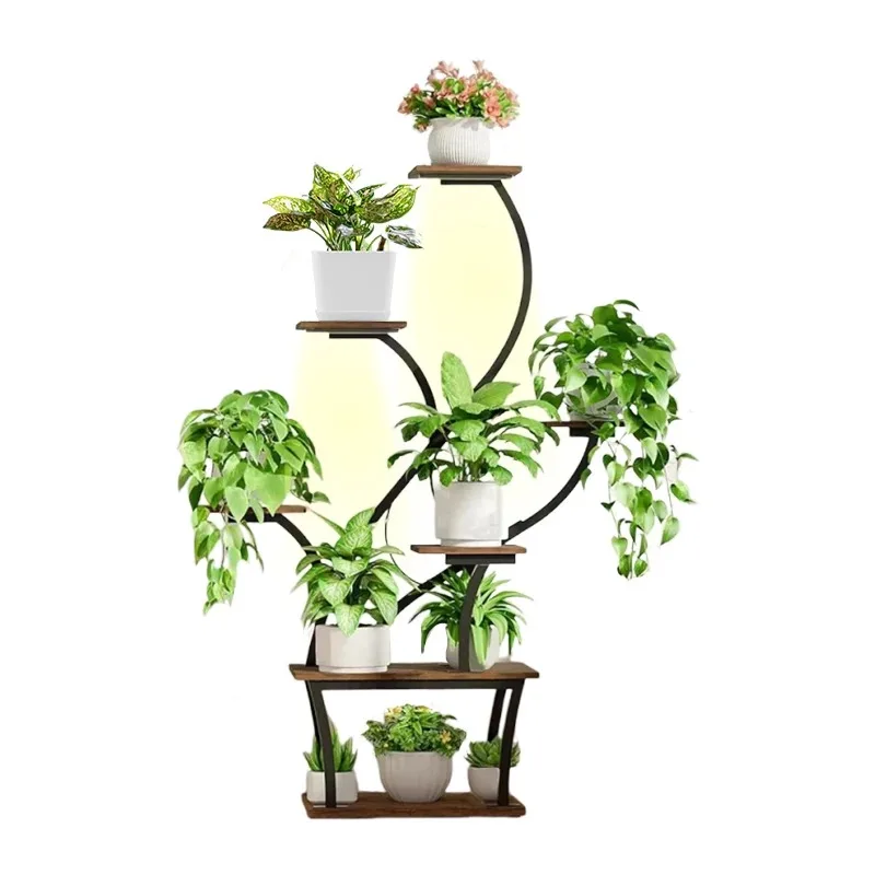S-shaped 3-frame Indoor Metal Flower Plant Stand with Light Emitting Diode Lighting Eco-friendly Balcony Home Gardening Grow