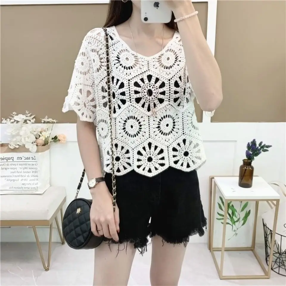 Knitted Shrug Women Bohemian Style Midi Sleeve Lace Top Short Knitting Outwear Hollow Out Sweater Geometric Tops