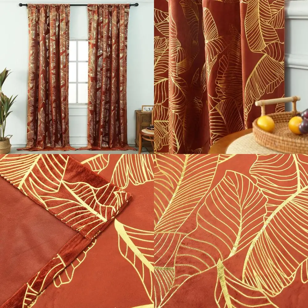 

Luxurious Burnt Orange Velvet Curtains with Gold Foil Print, 70% Blackout, 95 Length, Rod Pocket, 2 Panels (52 W x 95 L)