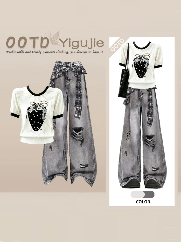 Strawberry Print T-Shirt And Grey Ripped Jeans Women's Summer Autumn Slimming Two-Piece Set High Waist Jeans round Neck T-Shirt