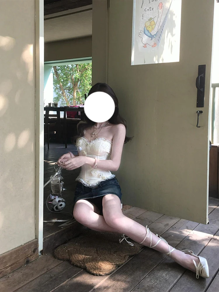 

American Style Spicy Girl Heavy Work Lace Waist Cinching Tube Top Vest Top with High Waist Casual Skort Set Women's Fashion