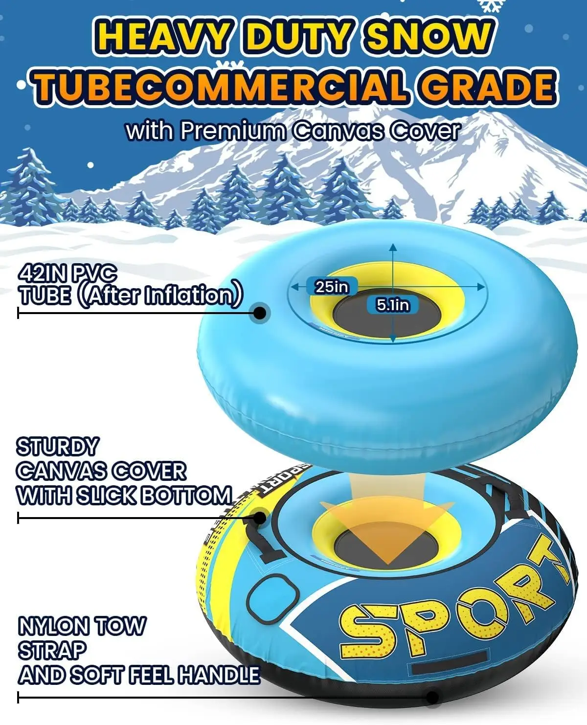 Tubes for Sledding Heavy Duty with Premium Canvas Cover Kids and Adults - Commercial Grade Sled Thickened Bottom, Toboggan Winte