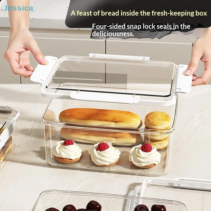 〔Jessica〕Airtight Bread Storage Container - Clear Plastic Food Keeper with 4-Side Locking Lid