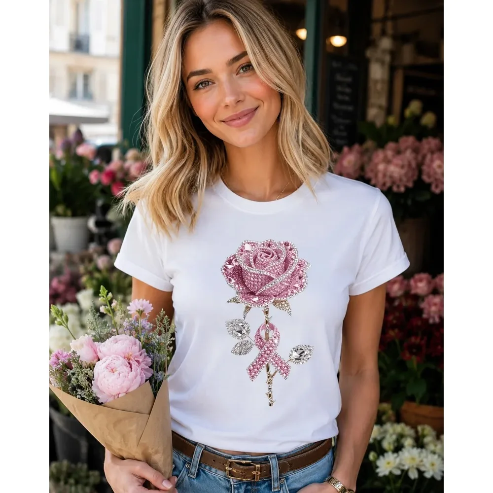 Women' Light Luxury Crystal Pink Rose Print T-Shirt Crew Neck Short Sleeve Fashion Harajuku Kawaii T-shirt Women's Y2K Clothing