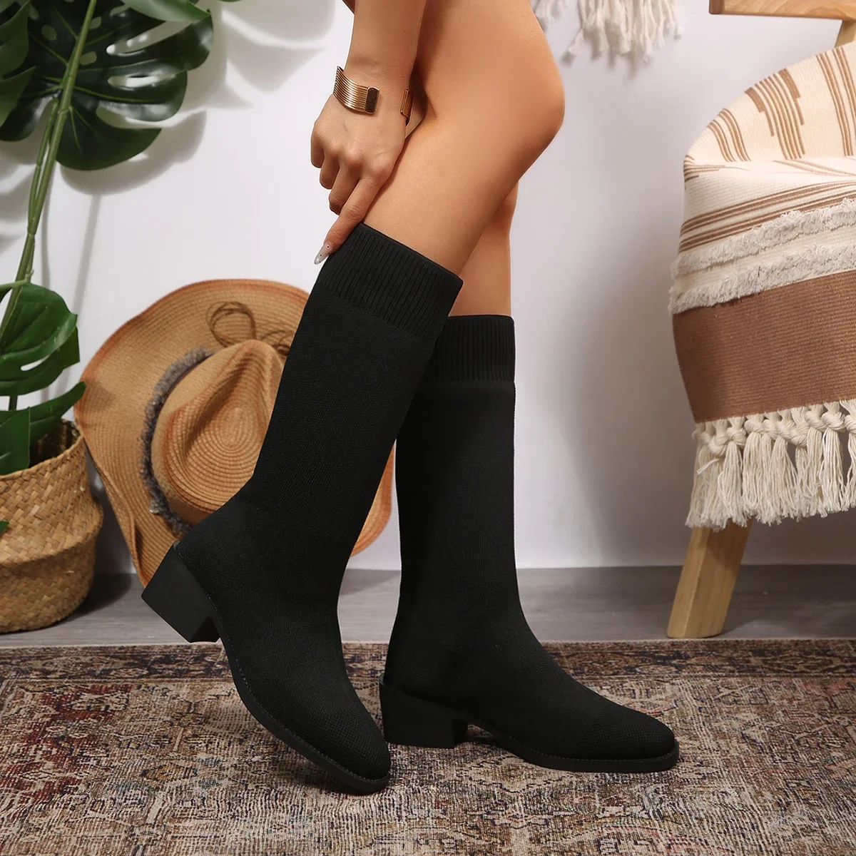 Frühling Herbst Mode Damenstiefel Quadratische Spitze Gestrickte Sockenstiefel Slip-on Halbstiefel Damen High Heels Übergrößen 35-43 Schuhe – Detail 17