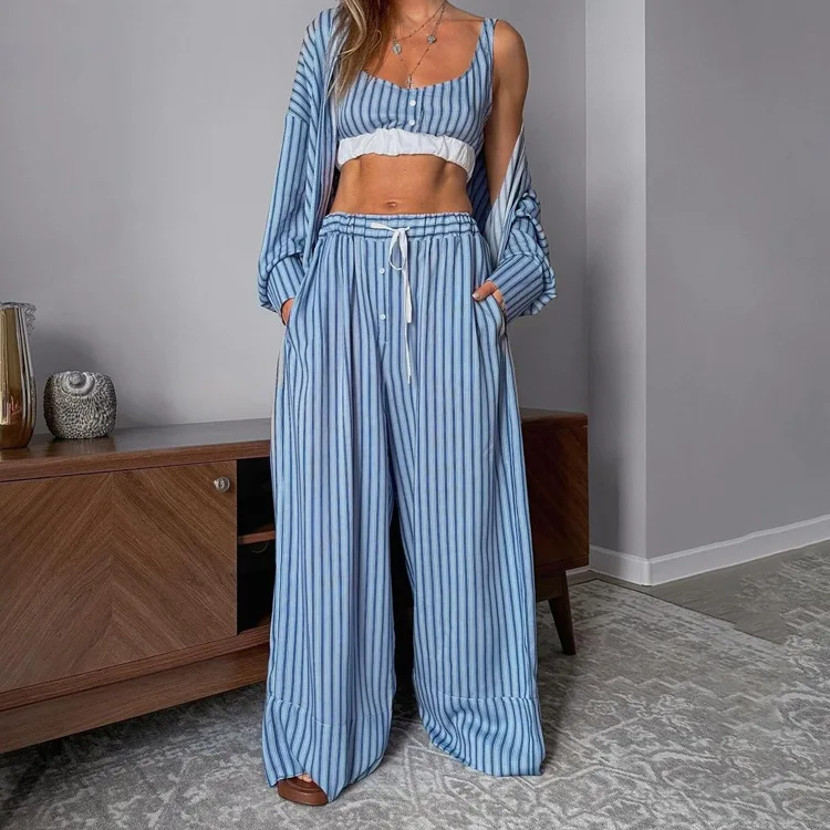 

2025 Fashion Loose Stripe Print Women's 3 Pieces Set Elegant Long Sleeve Shirt + Crop Top With High Waist Wide Pants Set
