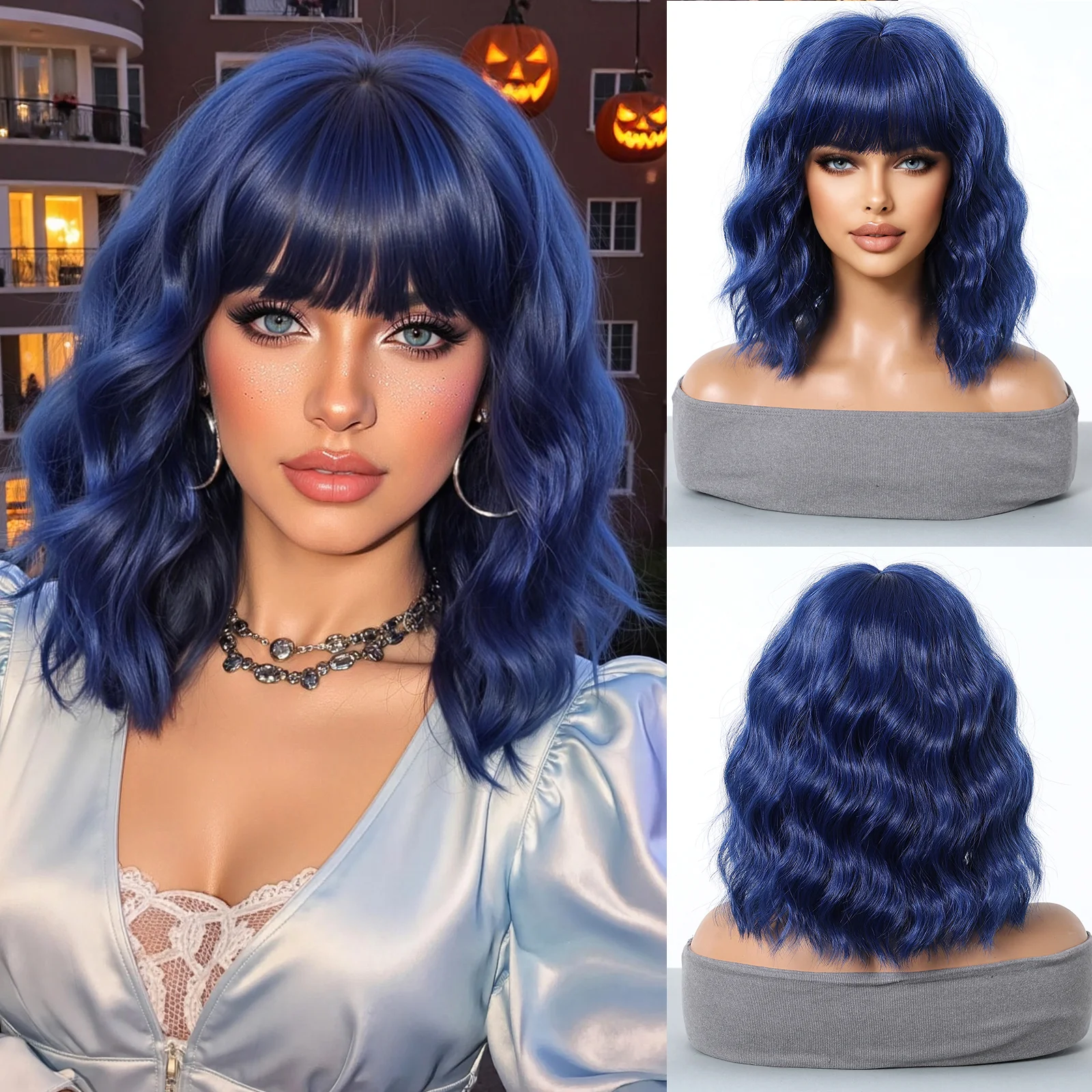 

Helloween Blue Wavy Bob Synthetic Wigs with Bangs Short Wig Natural Fake Hair for Women Daily Party Use Heat Resistant Fiber