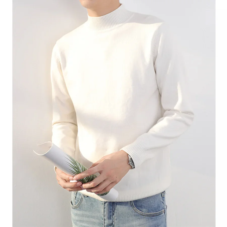 MRMT 2024 Brand New Men's Half Turtleneck Sweater Slim Korean Style Base Knit Sweater Trend Art Pure Color White Top