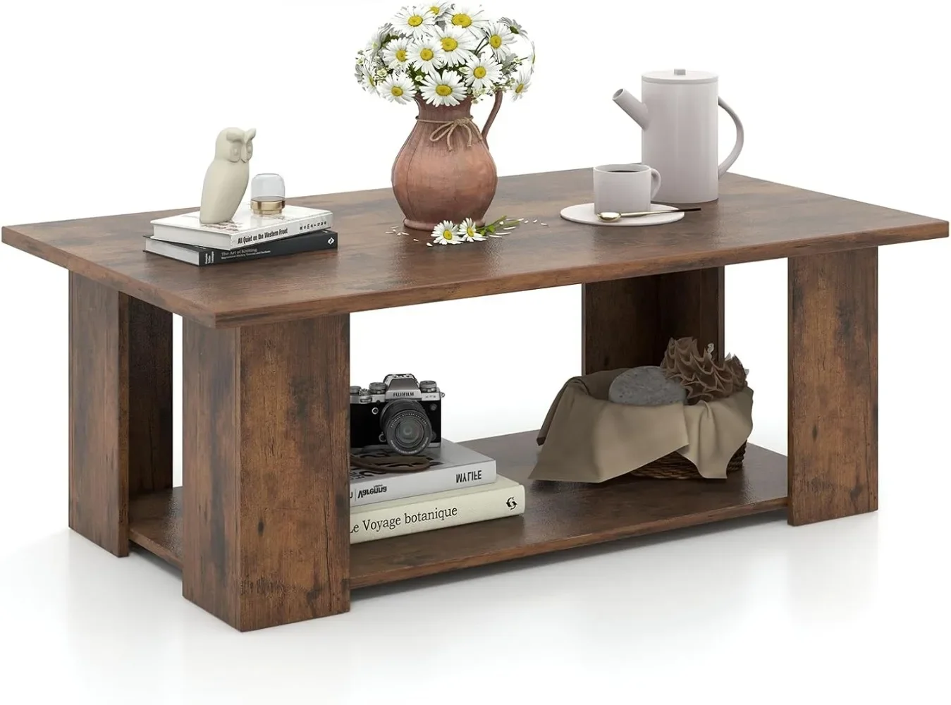 2-Tier Coffee Table, Modern Rectangular Center Cocktail Table with 5 Support Legs, Wooden Accent Living Room Furniture