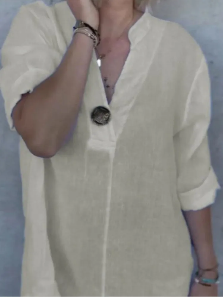 2025 NOVEDAD DE VERANO camisa de algodón de Color sólido con cuello levantado moda elegante Casual blanco suelto Oficina vacaciones camisetas ropa de mujer
