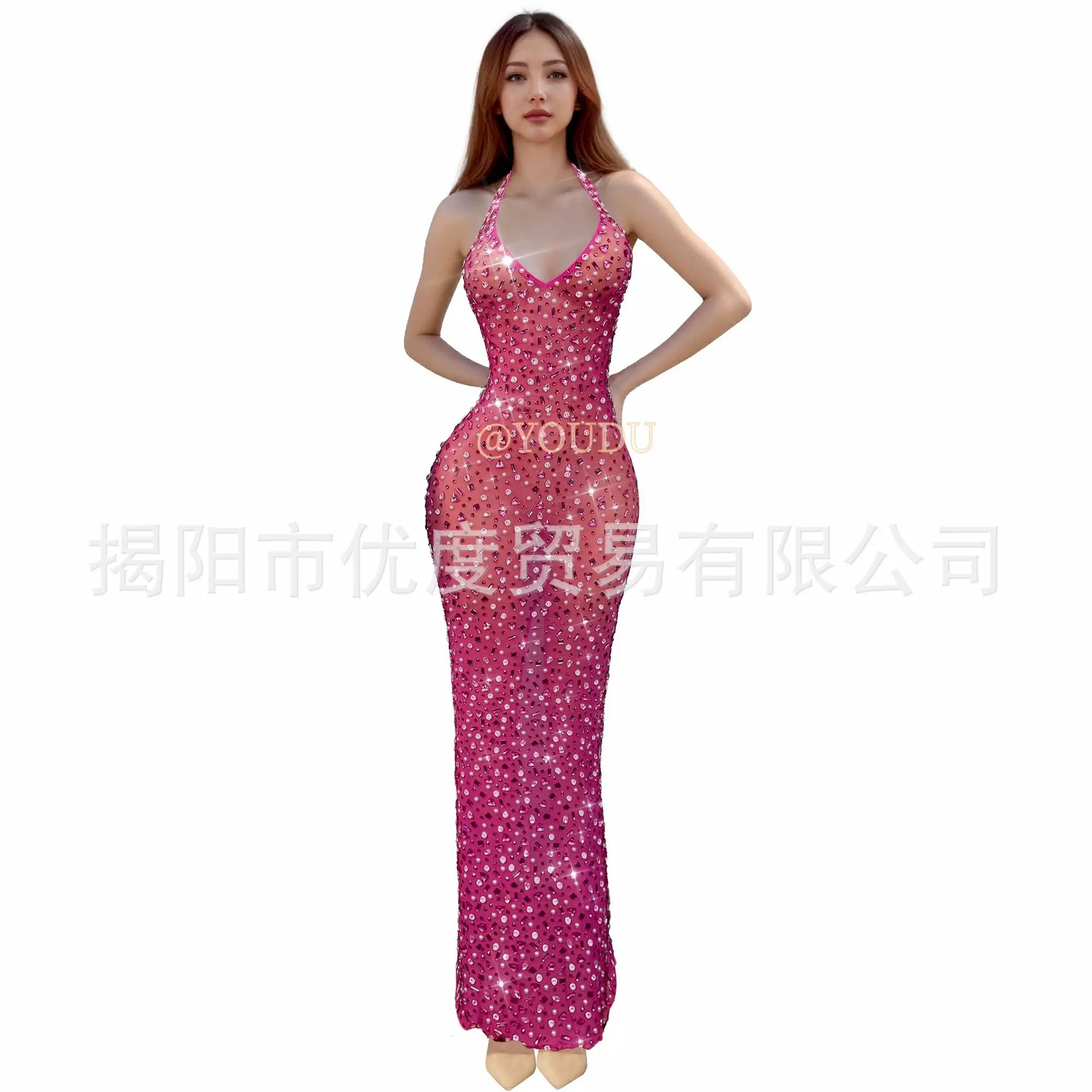 Glam Neck Halter Rhinestone Dress Party Night Show Dress Pink Memories Vestido Festas Vestido De Gala Vestidos De Ocasião Formal