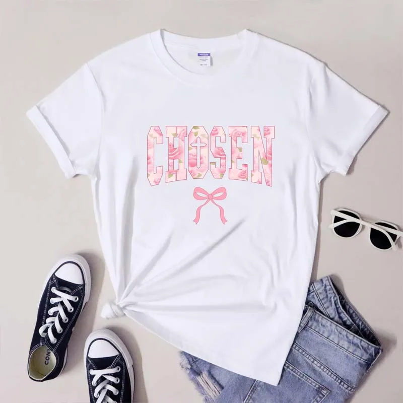 Coquette Christian Chosen Shirt Girly Bible Verse Pink Bow Graphic Tee Top Cute Women Religion Jesus Church T-shirt Dropshipping