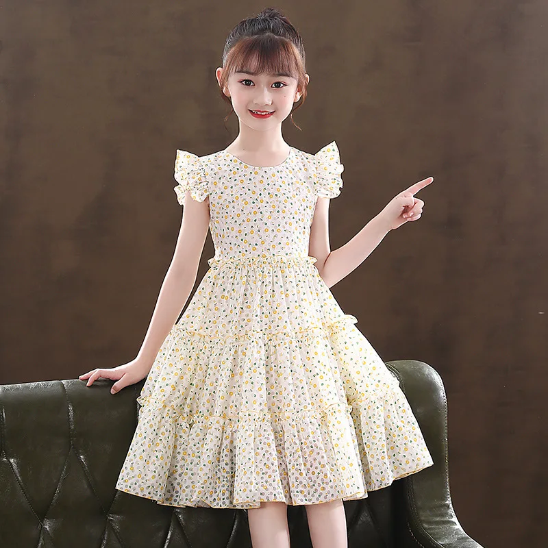 

Summer New Children's Clothing Dress Girls' Pastoral Style Floral Western Style Skirt Children's Small Flying Sleeve Dress Laish