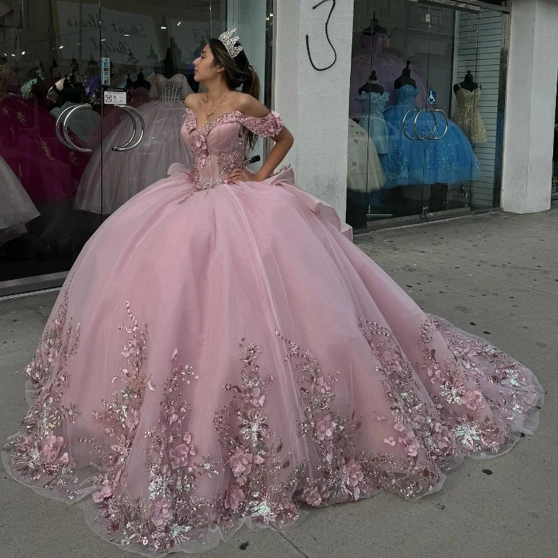 

Sparkling Pink Sweetheart Quinceanera Dress 2024 Off the Shoulder Appliques Beads Party Sweet 16 Ball Gown Graduation Prom Gowns