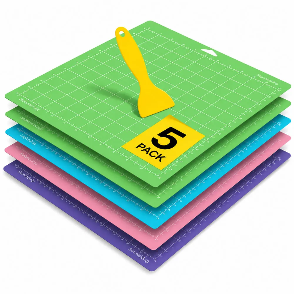 5枚セット-12x12インチ-マルチグリップ-クラフトカッティングマット-黄色のスクレーパー付き、スクラップブッキング、ビニール、布地、htv、diy用の再利用可能なpvc製