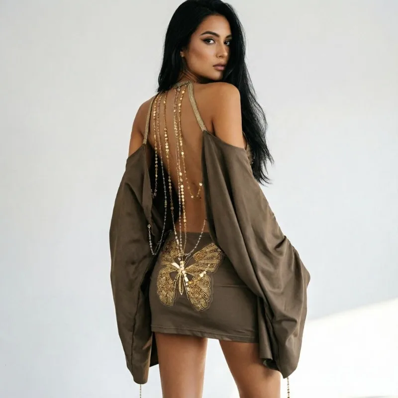 

2026 European American Spice Girls Sexy Shoulder Backless Irregular Design Short Skirt Loose Bat Sleeve Dress Women Wrap Skirt
