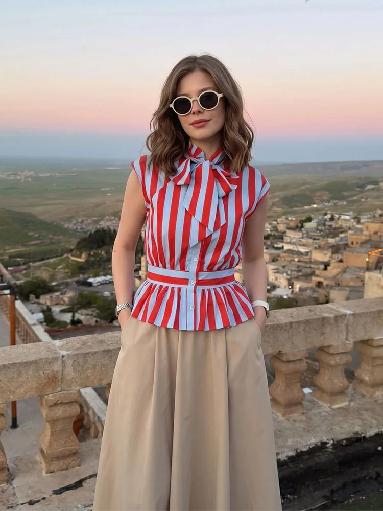 

HH Women Summer Spring Old Money Red Blue Stripe Blouse Spring Bow Tie Neck Sleeveless Peplum Hem Lightweight Top For Daily