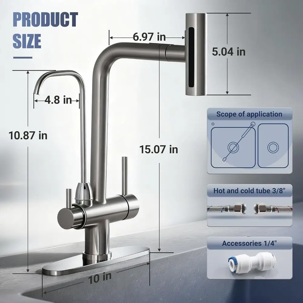 Two-Handle Pull-Down Sprayer Kitchen Faucet with Drinking Water Filter, Brushed Nickel Finish, No Built-In Filtration