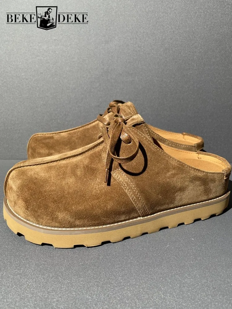 Vintage Men Thick Platform Close Toe Real Cow Suede Leather Slippers Lace Up Slides Casual Summer Outside Shoes Slip On Loafers