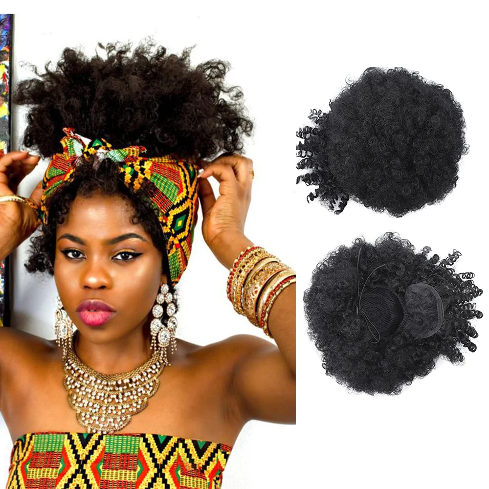 

Chignon Kinky Curly Hair Bun for Women Afro Puff Drawstring Ponytail with Bangs Updo Hair Ponytail Clip In Extension