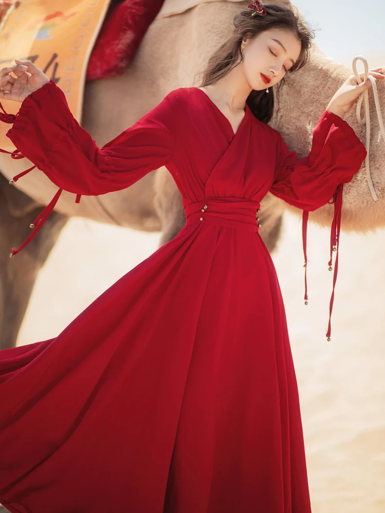 Khalee Yose – robe Maxi rouge Vintage Chic, col en v, manches longues, Style chinois Boho, à volants, pour les vacances, automne