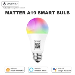 Matter A19 스마트 전구, 와이파이 RGB CW, 9W LED 램프, 스마트 홈 지지대 홈키트, 시리, 구글 홈 알렉사, 홈 데코