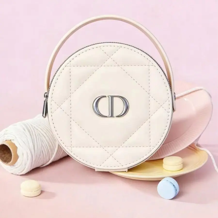 Christian Dior Dior’s Bag Luxury Apricot Round Handheld Makeup Organizer Pouch With Zipper & Built-in Mirror Portable Travel Cos view 2