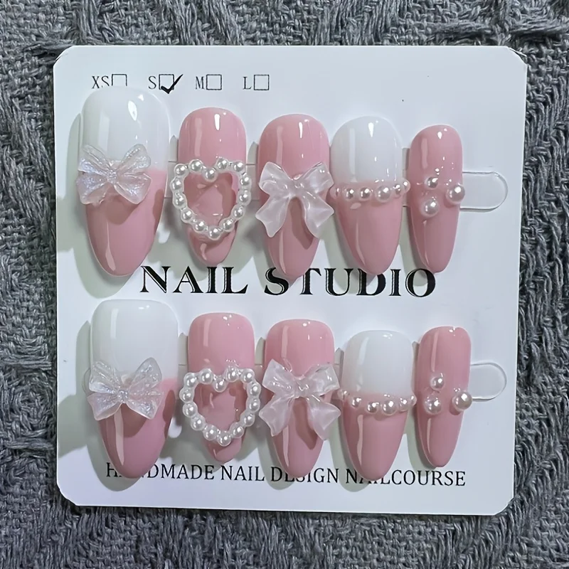 

10 шт., высококачественные розовые накладные ногти ручной работы с бантиком любви, милые розовые накладки для ногтей для женщин
