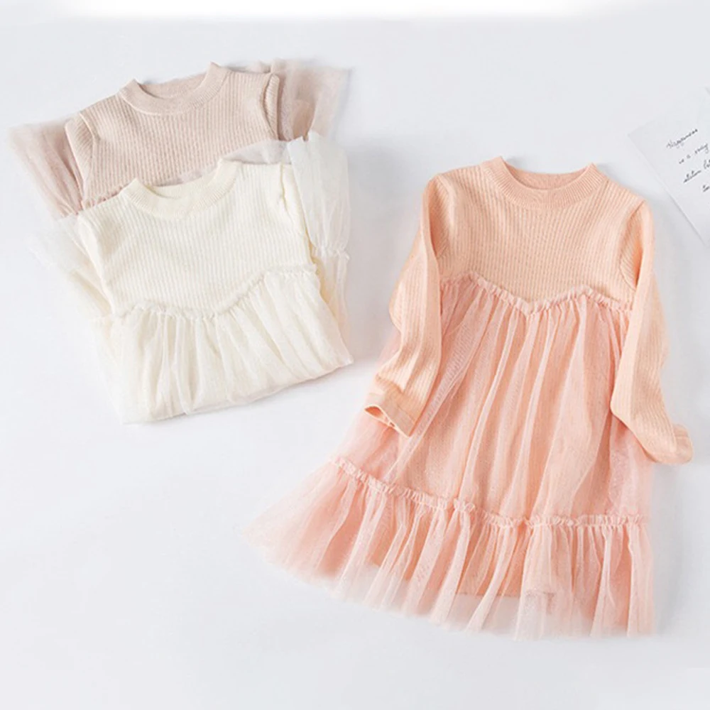 

Осень-зима, новинка 1-5 лет, однотонное вязаное сетчатое платье с круглым вырезом и длинными рукавами для девочек, детская модная повседневная одежда