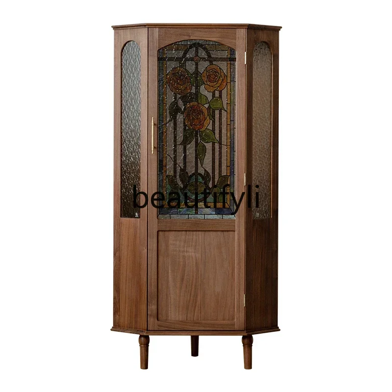 

ss D Retro Rose Corner Cabinet Black Walnut Solid Wood Wine Cabinet Nordic Living Room Triangle Cabinet