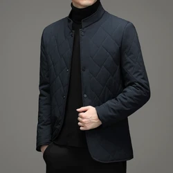 Autumn Winter Men's Jackets Stand Collar Solid Color Rhombus Stitching Casual Male Coats Single Breasted Man Jackets 4XL