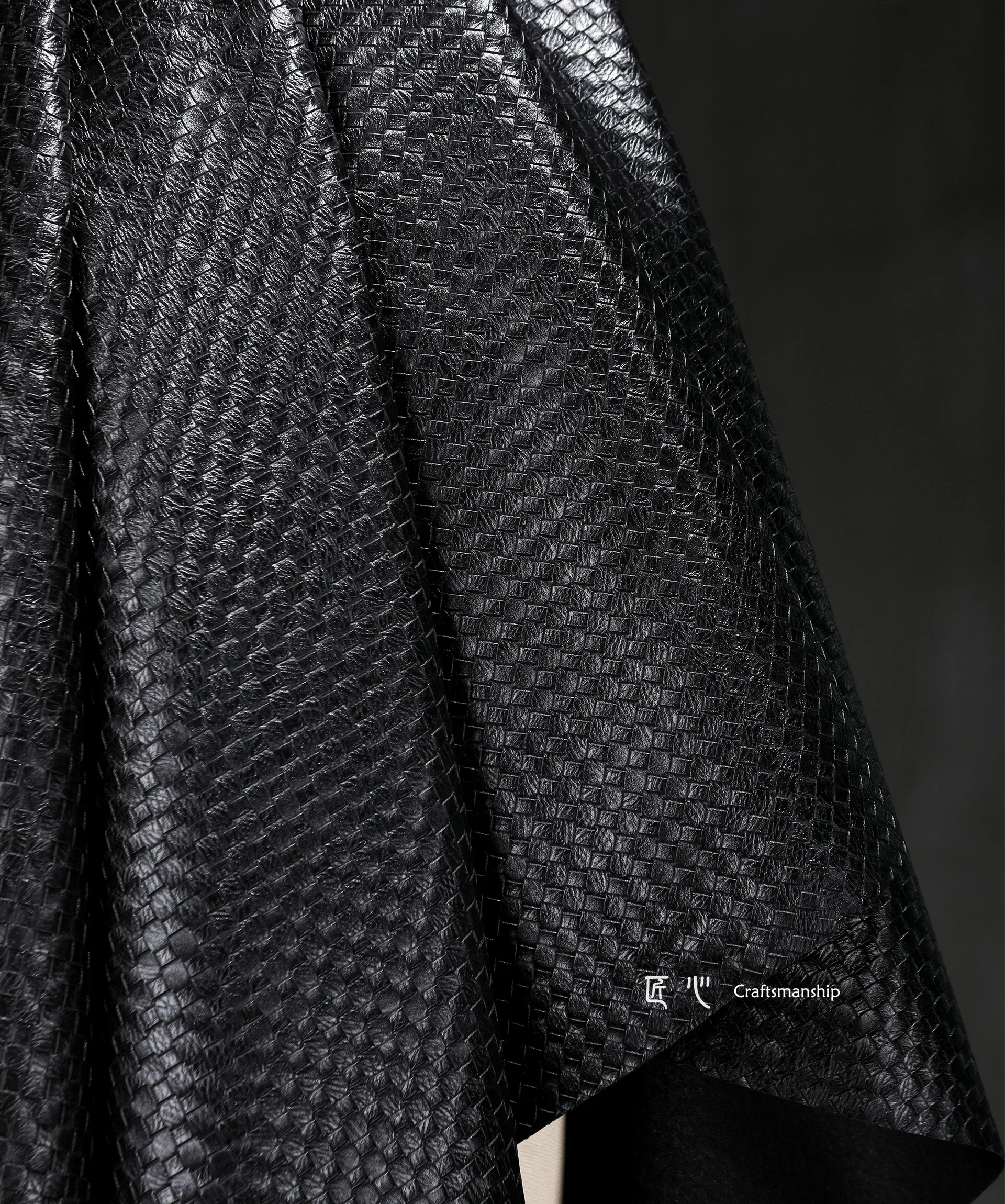 Leather Fabric Black Woven Texture Thick Stiff PU Handmade Bag Coat Creative Fashion Designer DIY Sewting Fabrics YLK