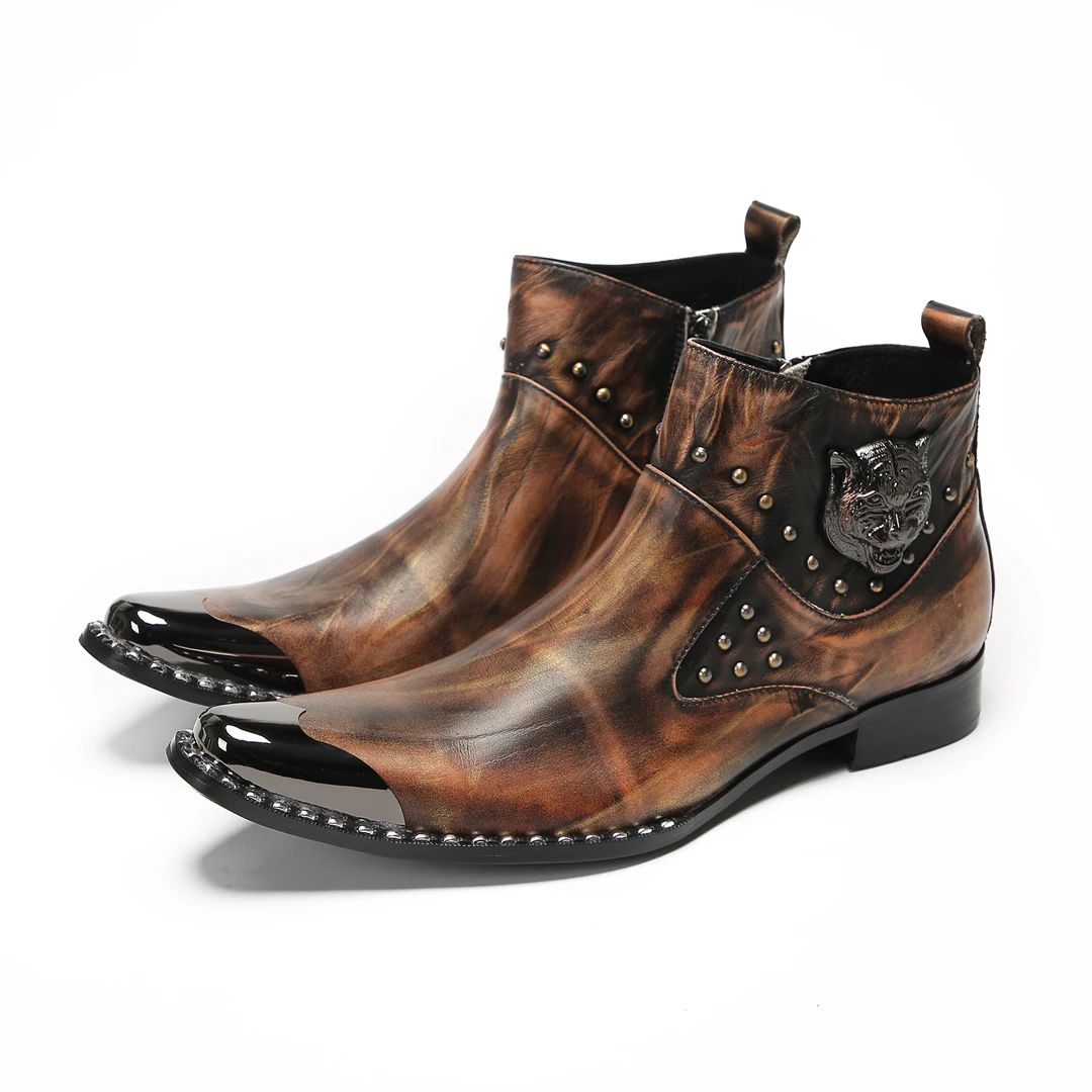 

Fashion metal Round Toe Men Short Boots British Fashion Edition Business Trend Cowhide Ankle Boot Casual Elegant Shoes Plus Size