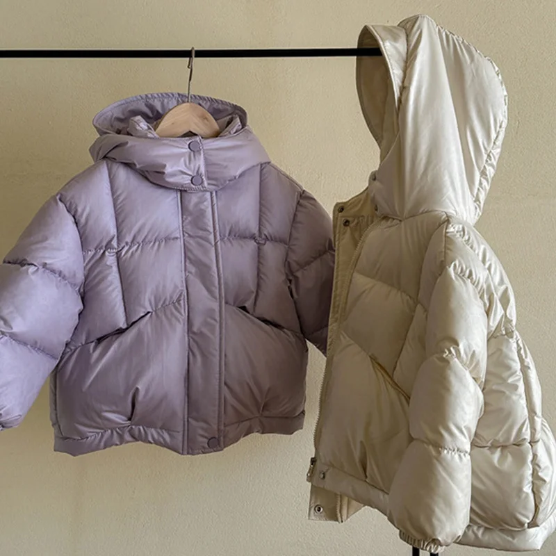 

2026 Winter Down Coats, Warm Kids Jackets Children Fashion Hooded Cotton Outerwear Girls Solid Thick Clothing 4-10 Years Girls