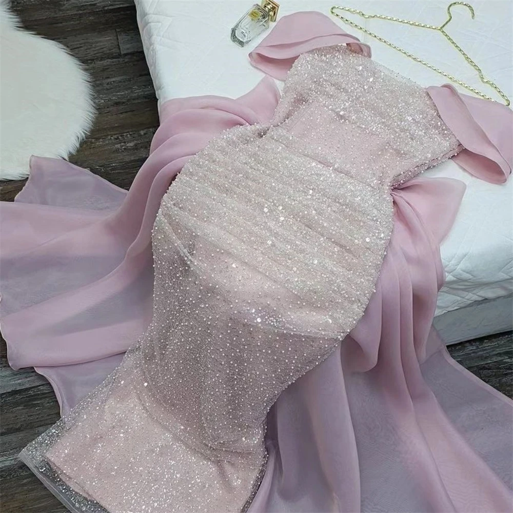 Customized Saudi Arabia  Evening Jersey Bow Pleat Sequined Party A-line Off-the-shoulder Bespoke Occasion Gown Midi Dresses