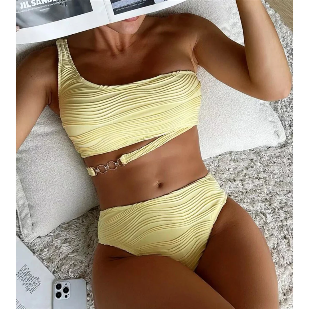 Sexy One-Shoulder-Bikini mit gerafftem Design und Metallring, zweiteiliges Bikini-Set, Damen-Badebekleidung, Badeanzug, Badebekleidung, Badeanzug, Modell V4134 – Detail 7