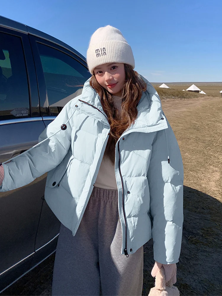 핑크 후드 오트 다운 재킷 여성용 겨울 2025 신상 소형 사이즈 안티에이징 한국 슬림핏 부피감 없는 아우터웨어