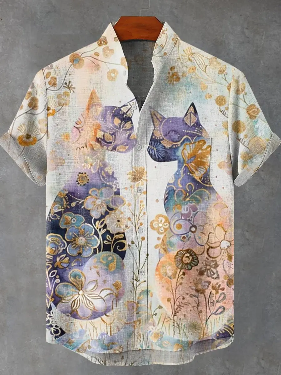 

Men's Animal Pattern Linen Short Sleeve Shirt Casual Short Sleeve Summer Top Men's Flip Button Hawaiian Shirt